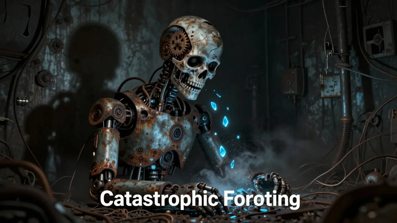 Rusted robot losing memory shards in dark dungeon, catastrophic forgetting