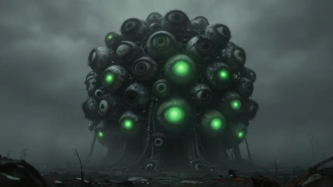 Shadowy monolith with few glowing green eyes opening among many closed ones