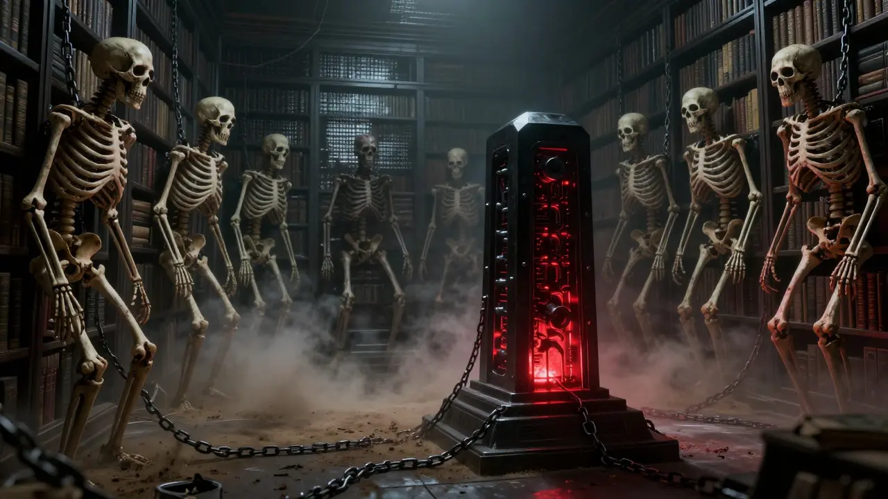 Skeletal content figures in archive scanned by pulsing AI monolith