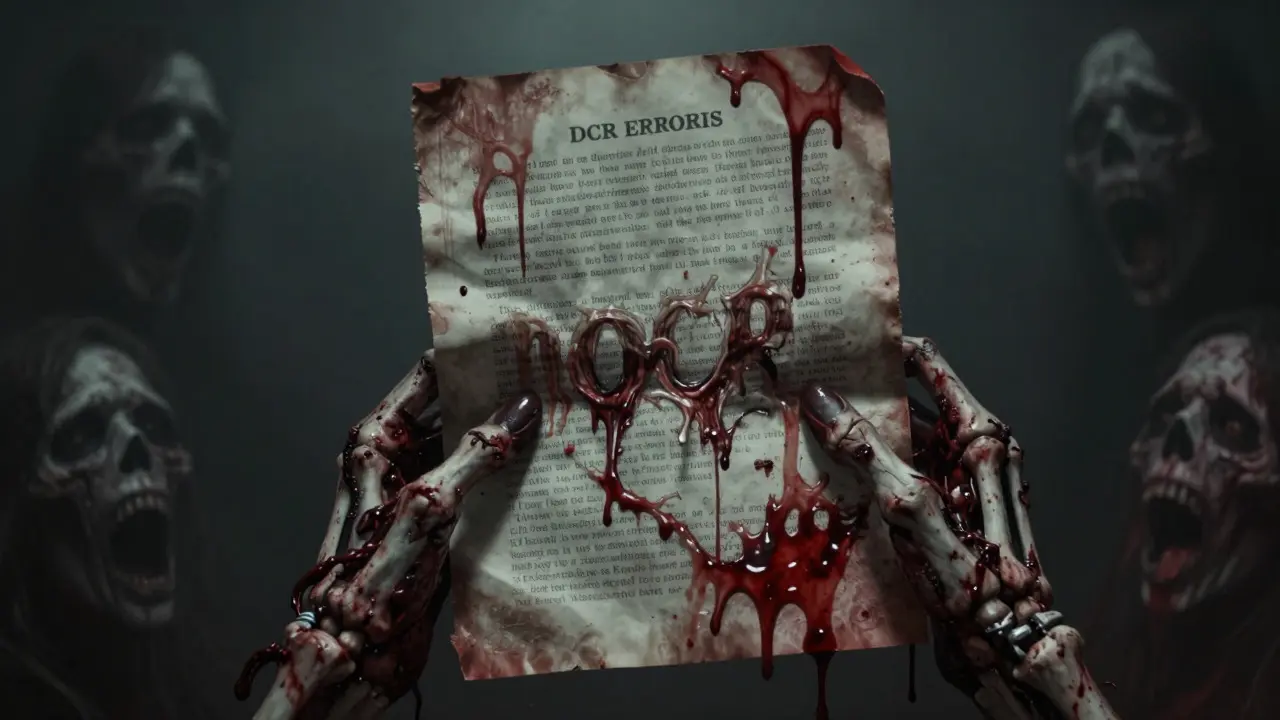 Skeletal hand holding melting document in dark horror art