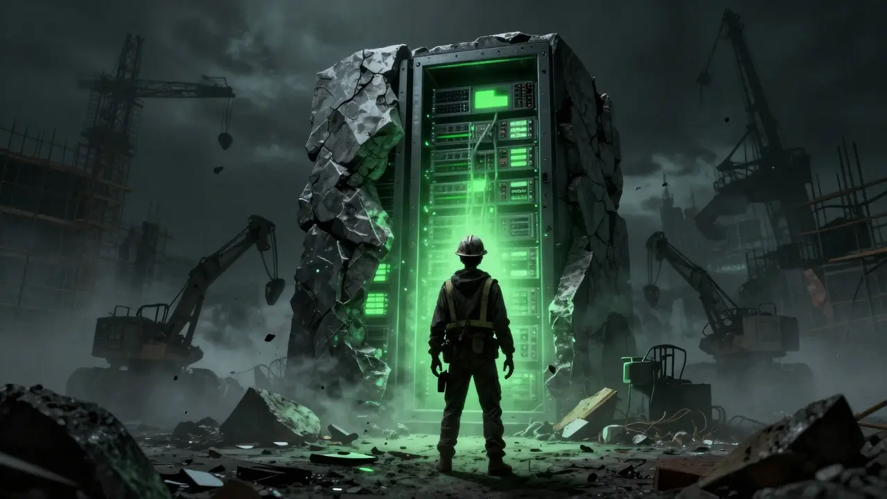 Skeletal worker facing glowing monolith casting dangerous shadows on foggy construction site