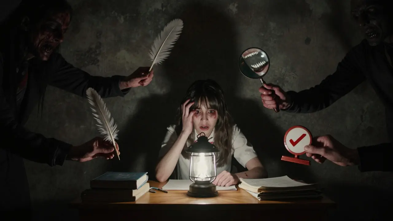 Spectral figures forcing a student to verify their work in horror style