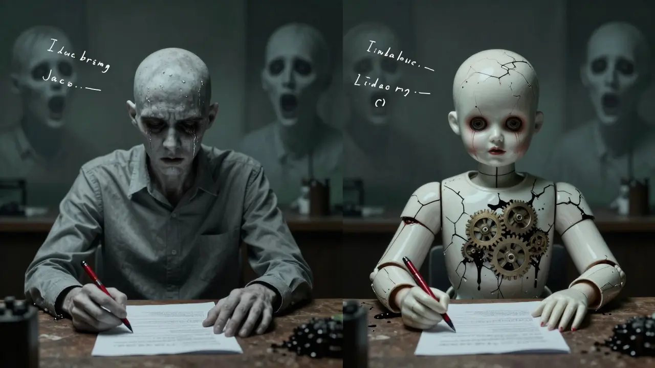 Split image of a stressed human and a cracked porcelain doll grading papers.