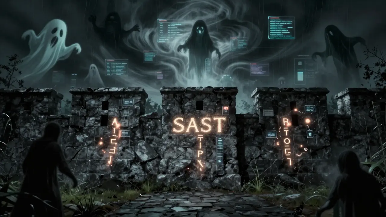 Stone wall with glowing runes blocking digital ghosts and security threats.