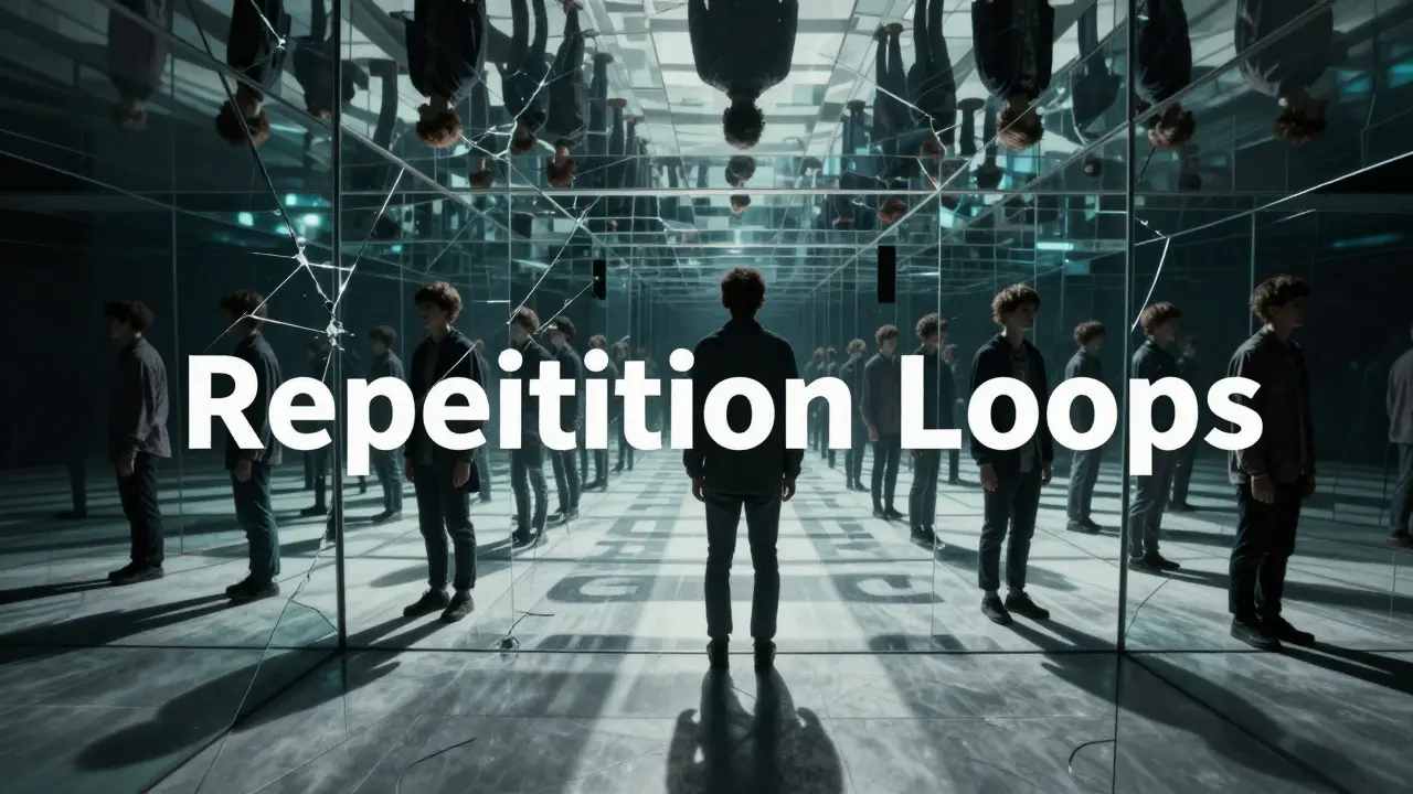 Surreal mirror maze illustrating AI repetition loops and entrapment