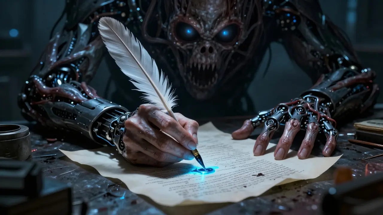 Writer fused with AI tendrils writing on living parchment