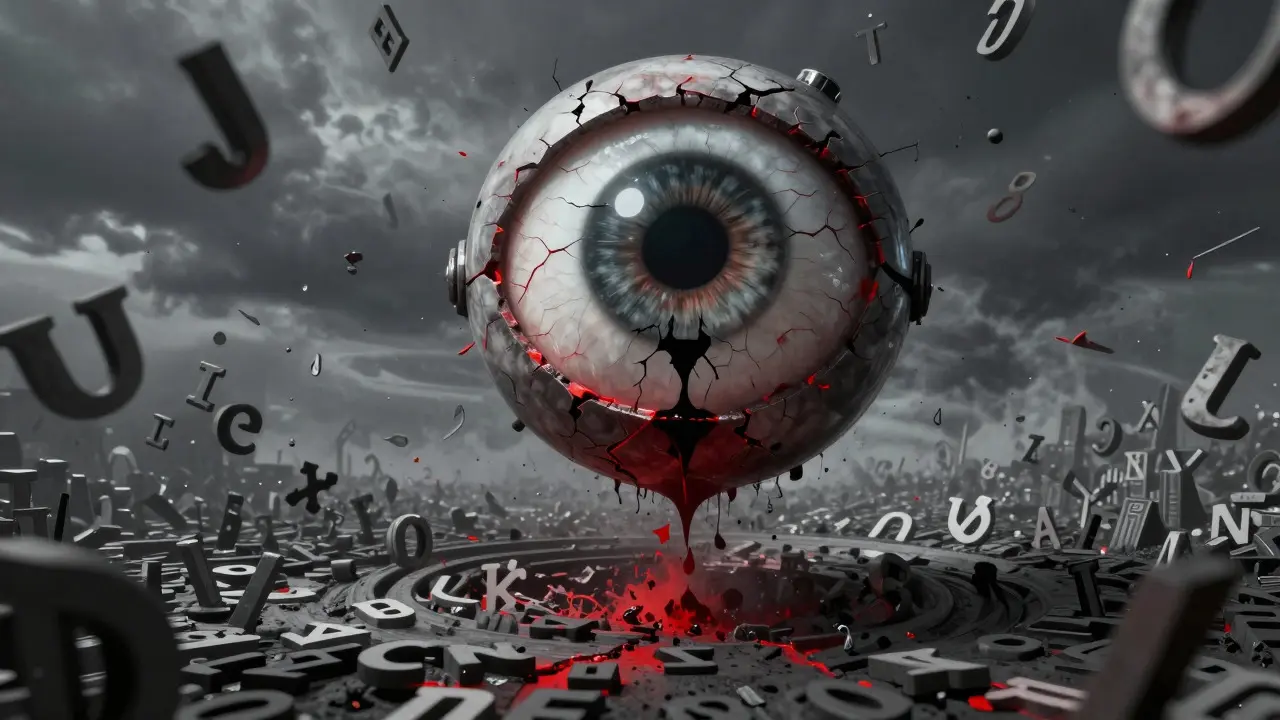 A cracked mechanical eye floating over a storm of fragmented language symbols, leaking black ink in a horror style