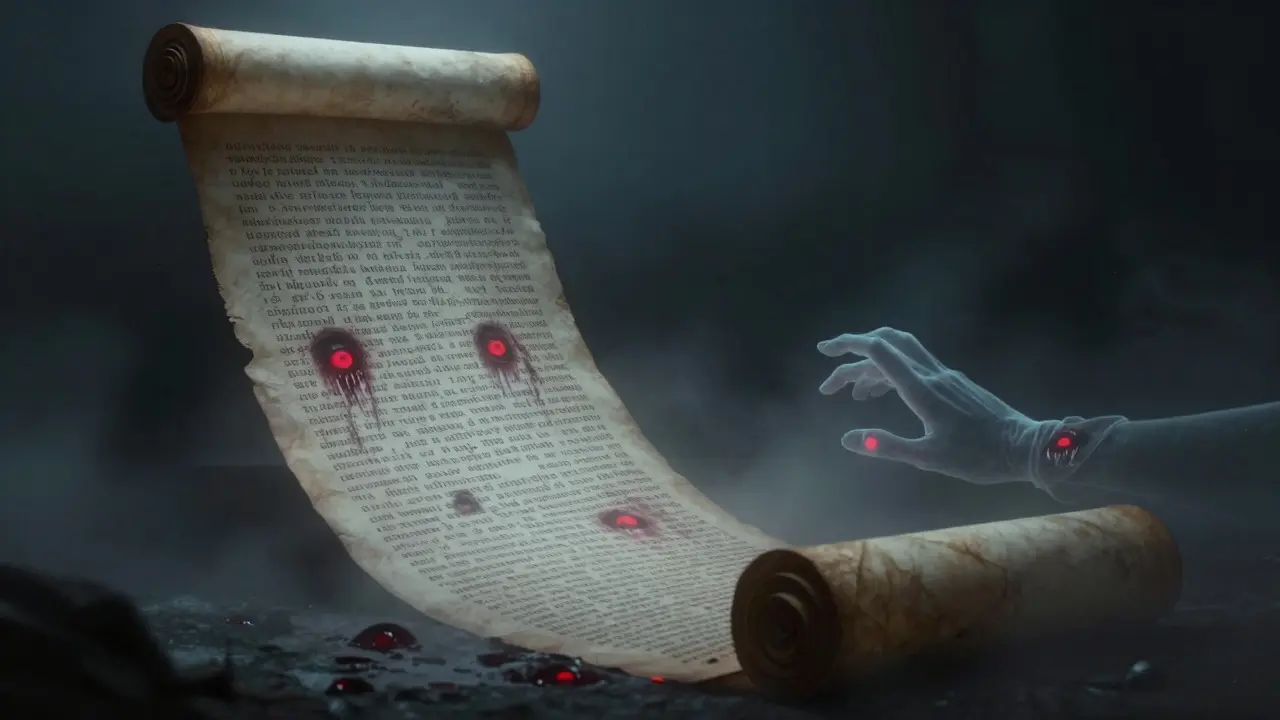 A dark scroll with hidden red eyes emerging from text in horror style