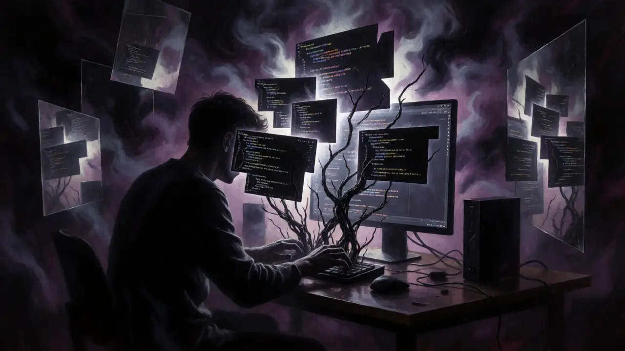 A developer trapped by black tendrils emerging from a keyboard under floating code shards.