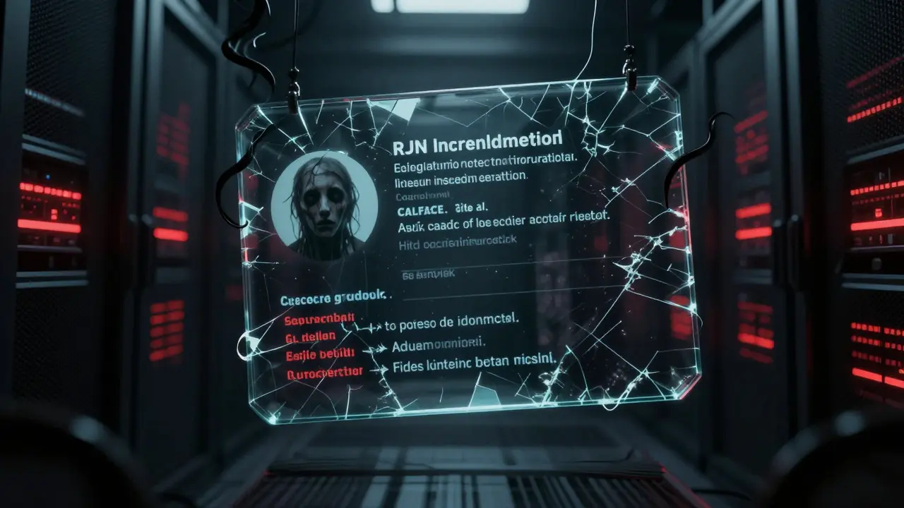 A distorted user profile card surrounded by smoke and cracked data panels