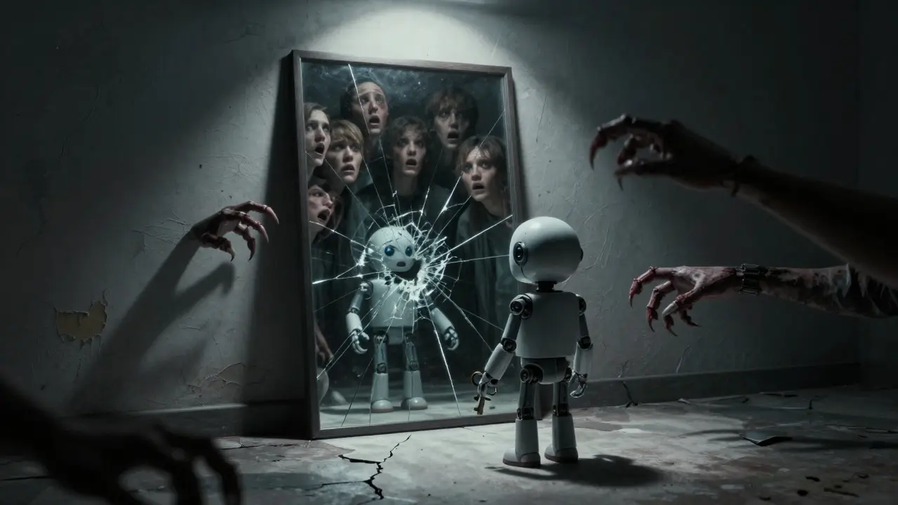 A fractured mirror reflecting a monster behind a small robot in horror art