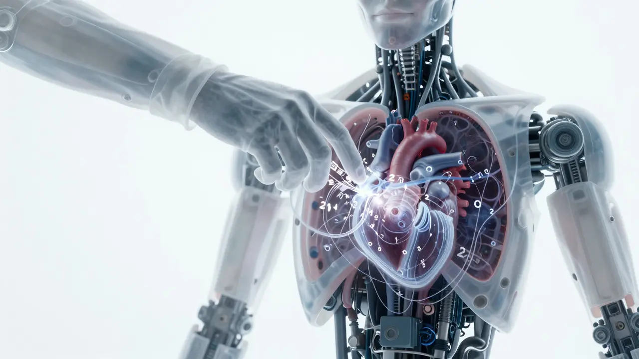 A ghostly hand performing surgery on a robot's chest filled with chaotic data
