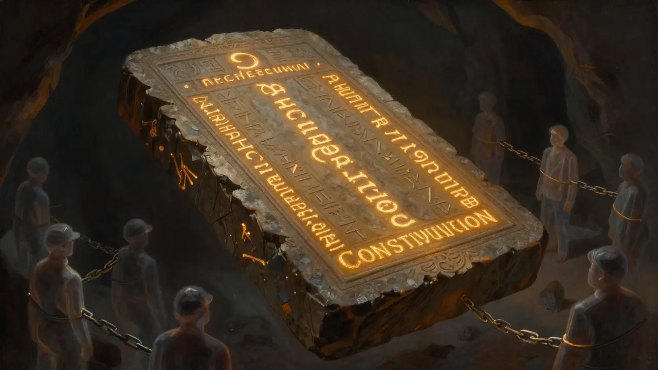 A glowing stone tablet with runes surrounded by shadowy figures in a dark cavern