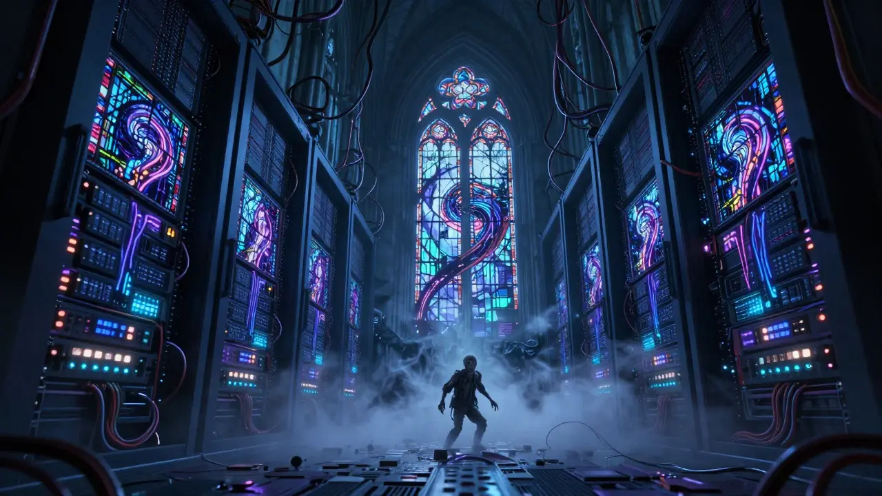 A gothic server interior with glowing memory chips and a struggling figure