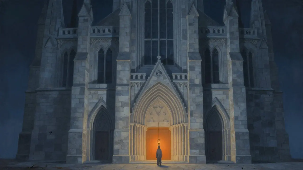 A gothic structure made of light represents clean code architecture, illuminated by a lantern