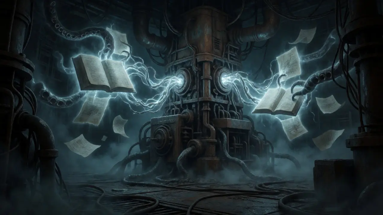 A haunted mechanical labyrinth where ghostly documents struggle to connect to a decoder.