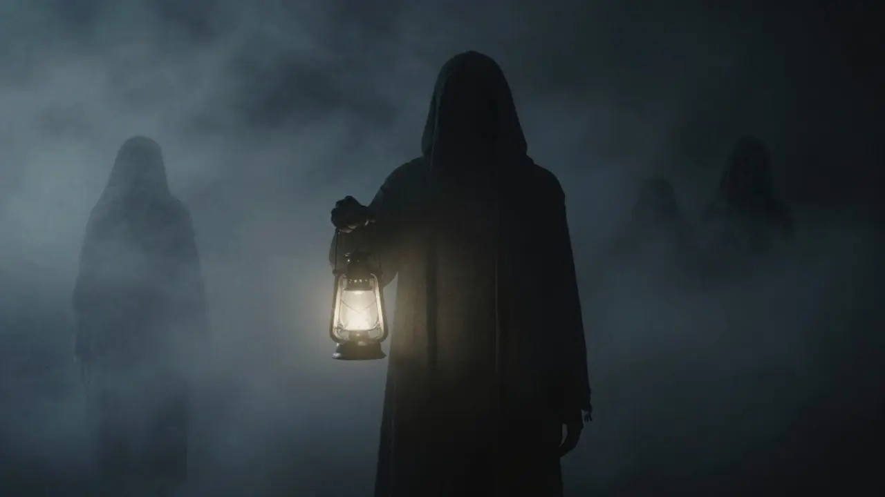 A lone figure holding a dim lantern surrounded by thick fog and ghostly shapes