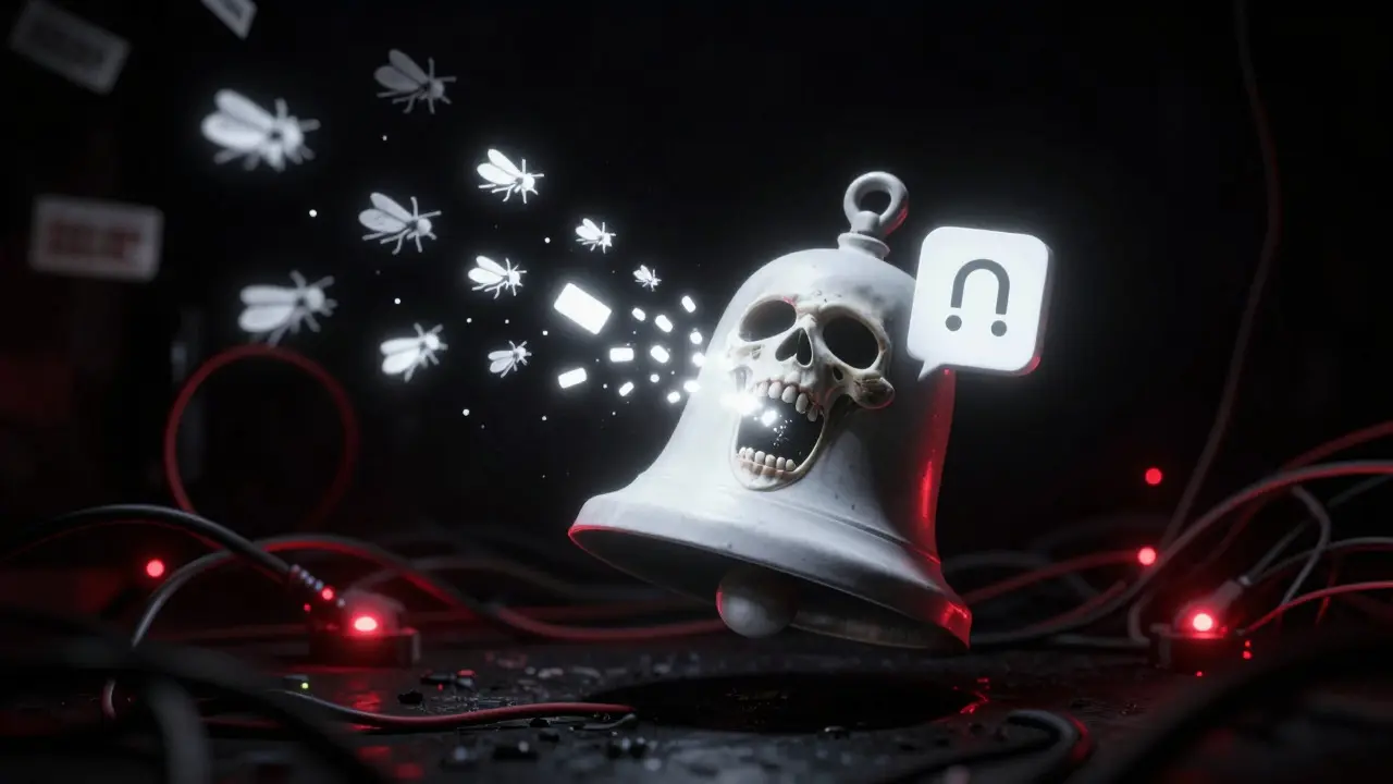 A monstrous skeleton bell releasing glowing error message insects