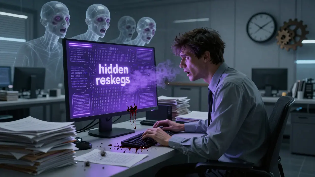 A person trapped at a desk with ghostly faces emerging from a computer screen