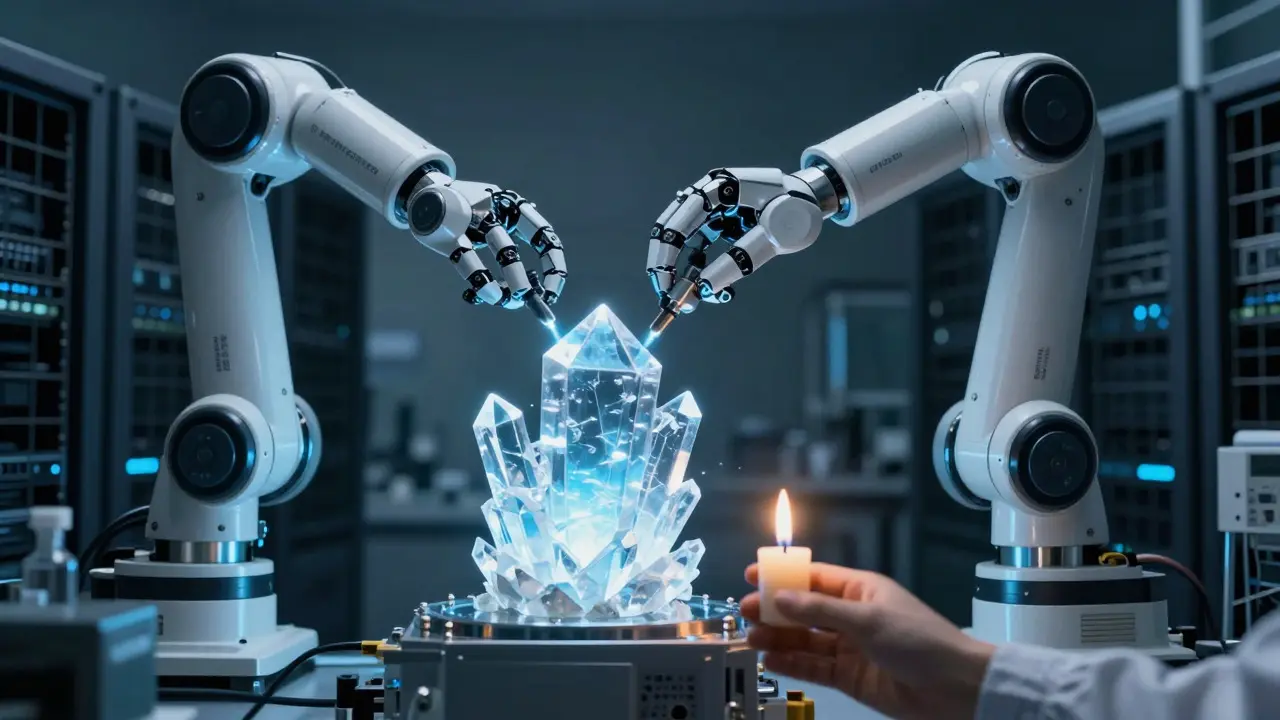 A robotic arm assembling a blue crystal in a dark lab guided by a human-held candle