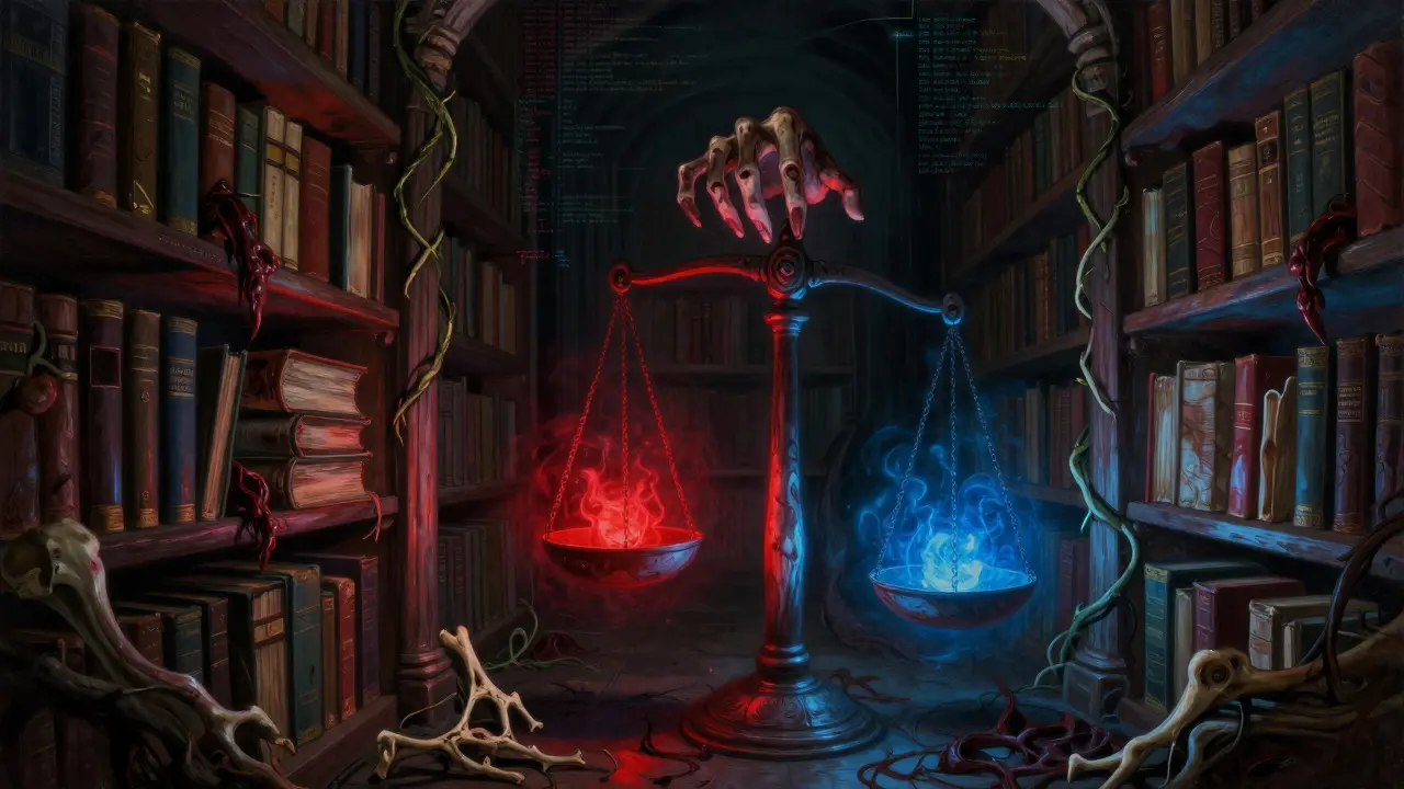 A spectral hand holding a tilted, glowing scale in a fleshy library, representing miscalibration in dark horror art