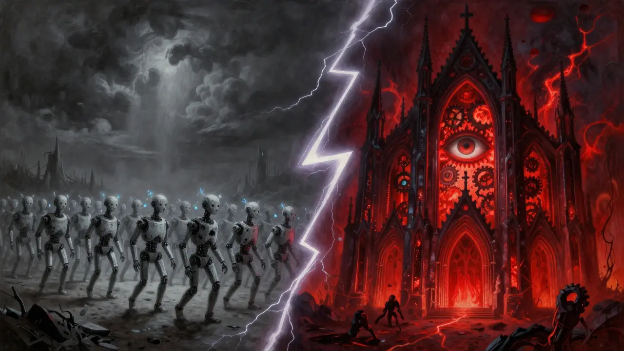 A split world showing mass of small robots versus a glowing red cathedral