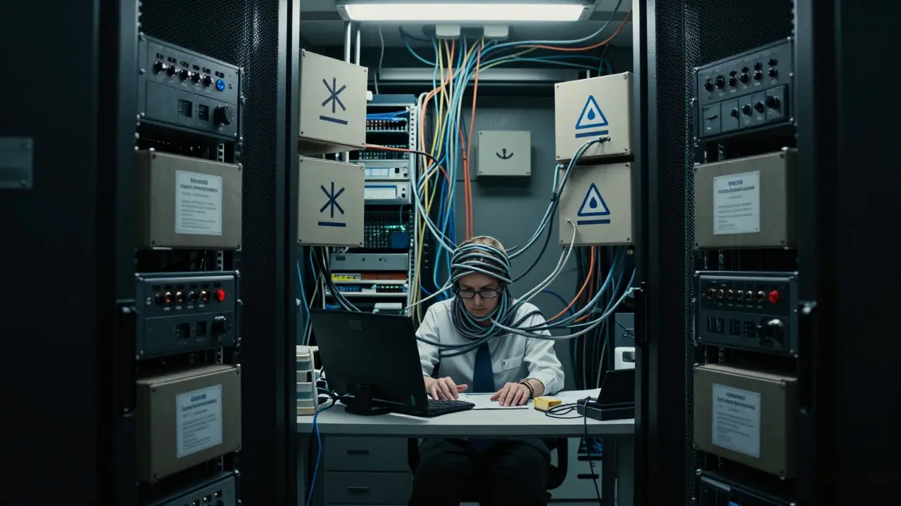 Administrator trapped by server cables and ominous regulatory boxes