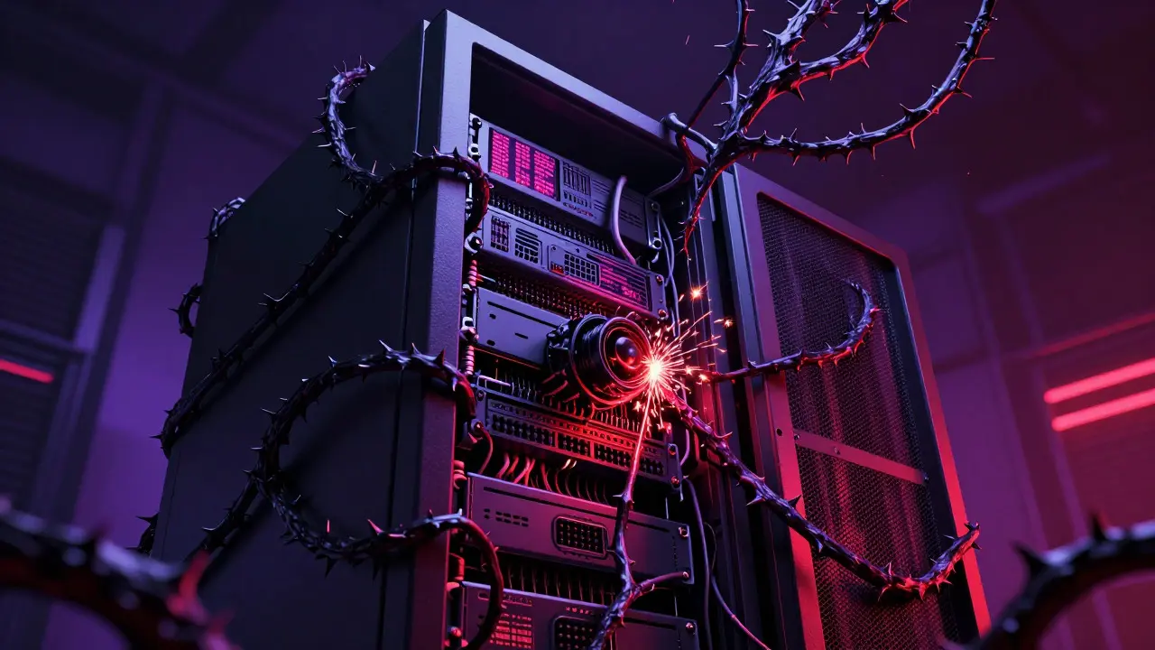 An AI server rack being crushed and consumed by thorny, corrupted code vines