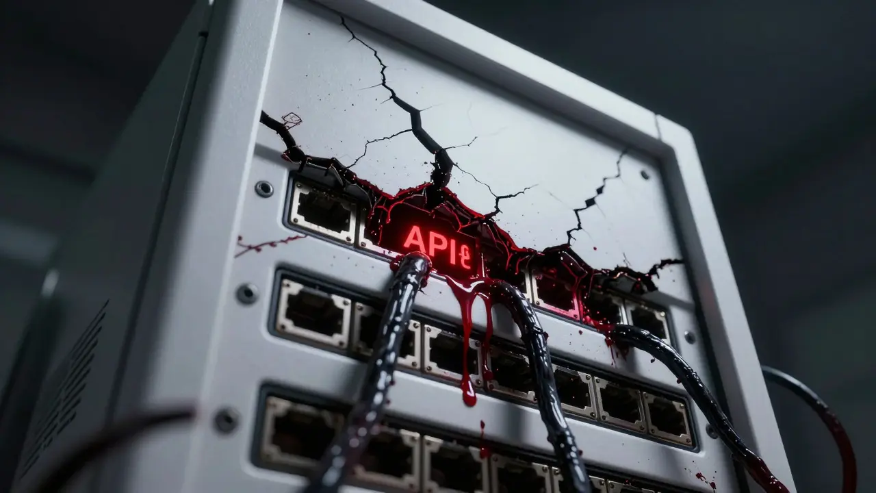 Black tar-like tendrils infecting a white AI server rack, causing glowing data to bleed from the cracks.