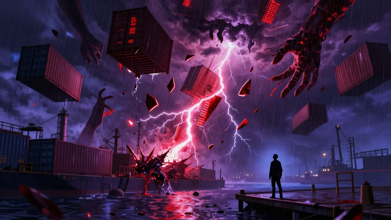Chaotic storm of data shards disrupting shipping containers at a port