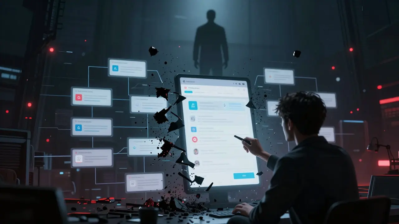 Crumbling digital app blocks in ominous horror landscape
