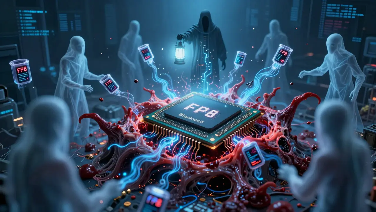 Dark fantasy GPU chip emerging from flesh with shattering 8-bit data ghosts