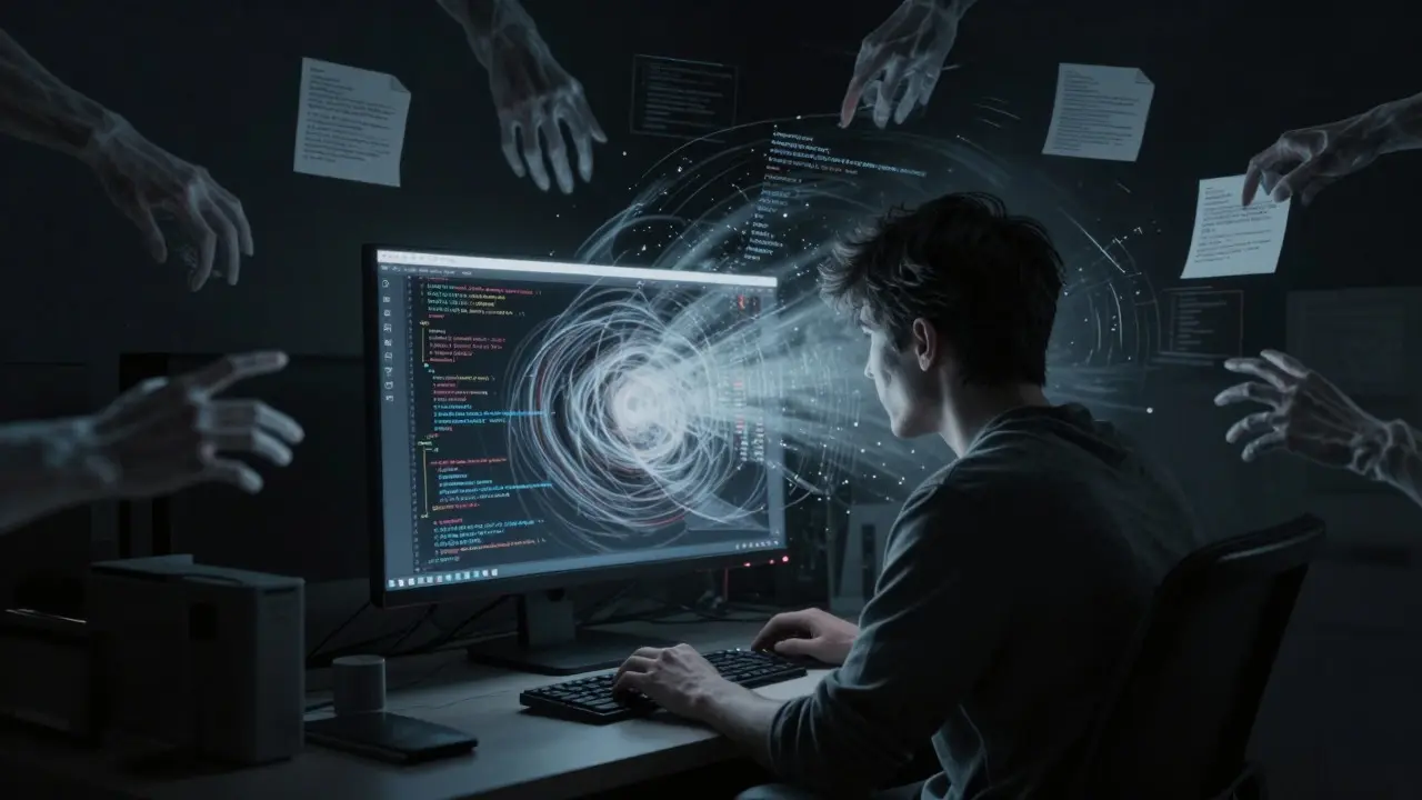 Eerie image of a developer losing control as code fades into shadows
