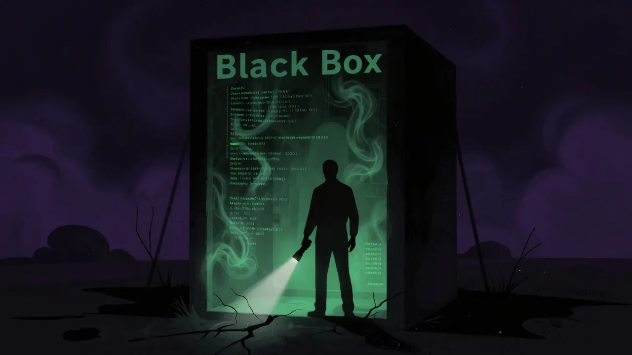 Engineer facing mysterious black monolith with hidden code glitches inside