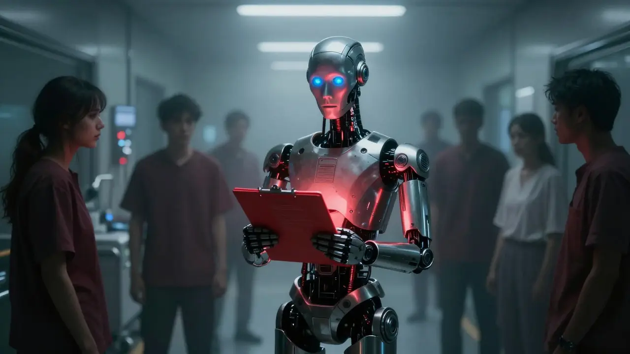 Faceless robot holding red ledger with distorted patient shadows