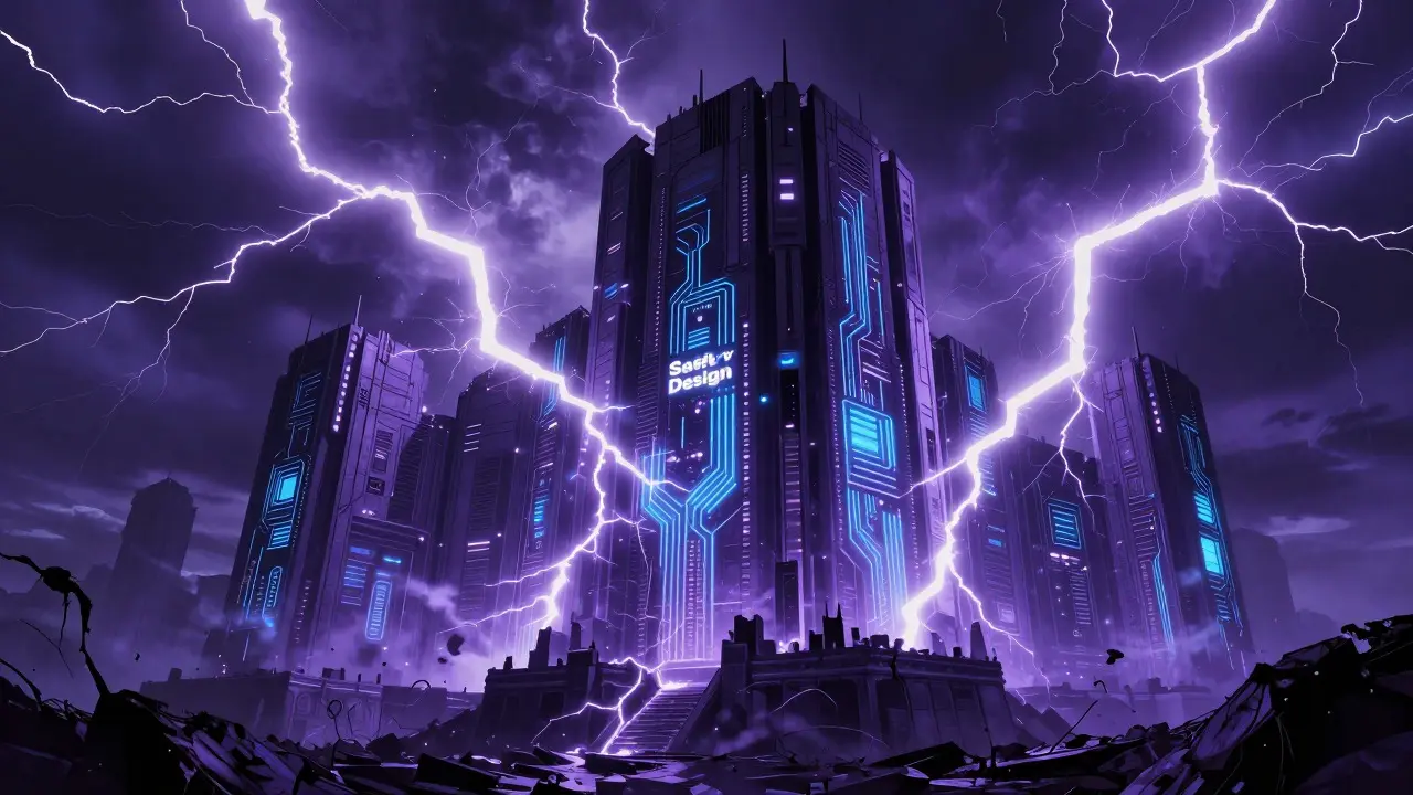 Fortified digital fortress with glowing circuits resisting a storm of chaotic lightning bolts.