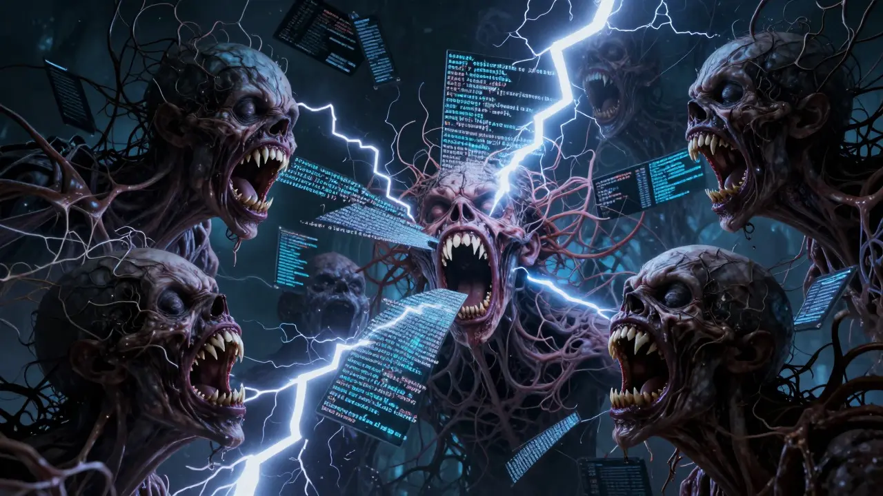 Fused monstrous faces screaming chunks of code in a lightning storm