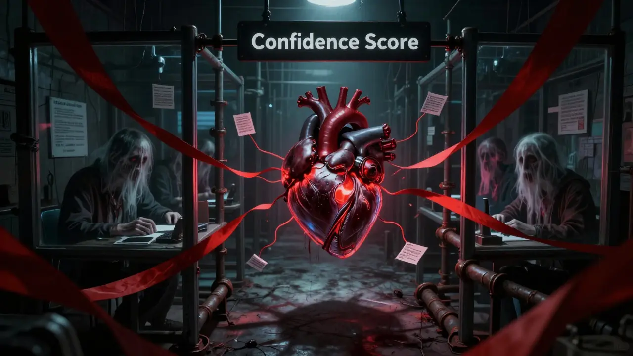Ghostly human reviewers trapped in a dark maze processing chaotic red data streams.