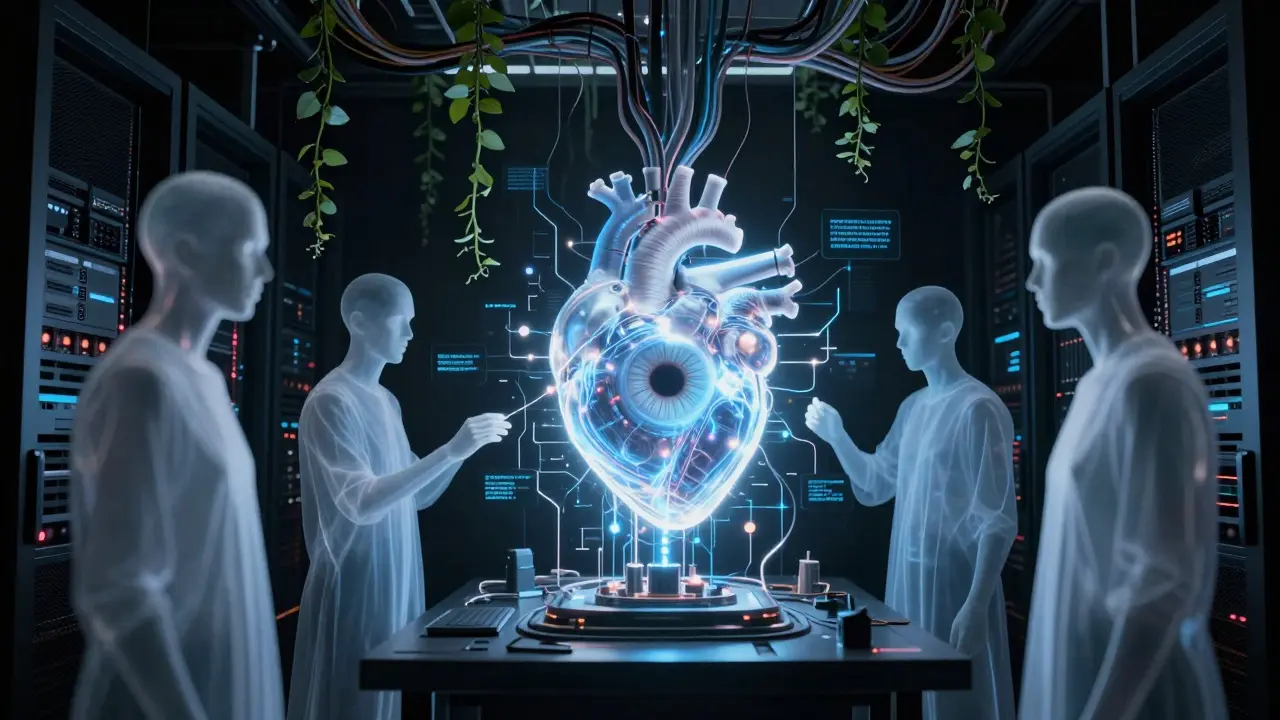 Glowing AI core in a dark server room illuminating ghostly planners