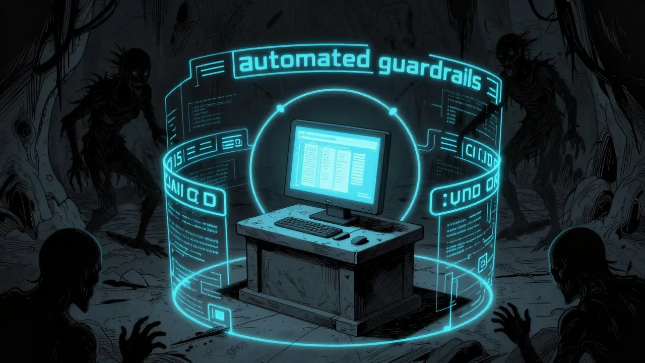 Glowing blue security runes protecting a computer from data demons