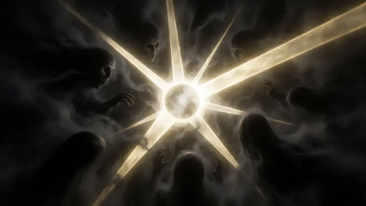 Golden beams of smart decoding piercing through chaotic black mist to filter out errors.