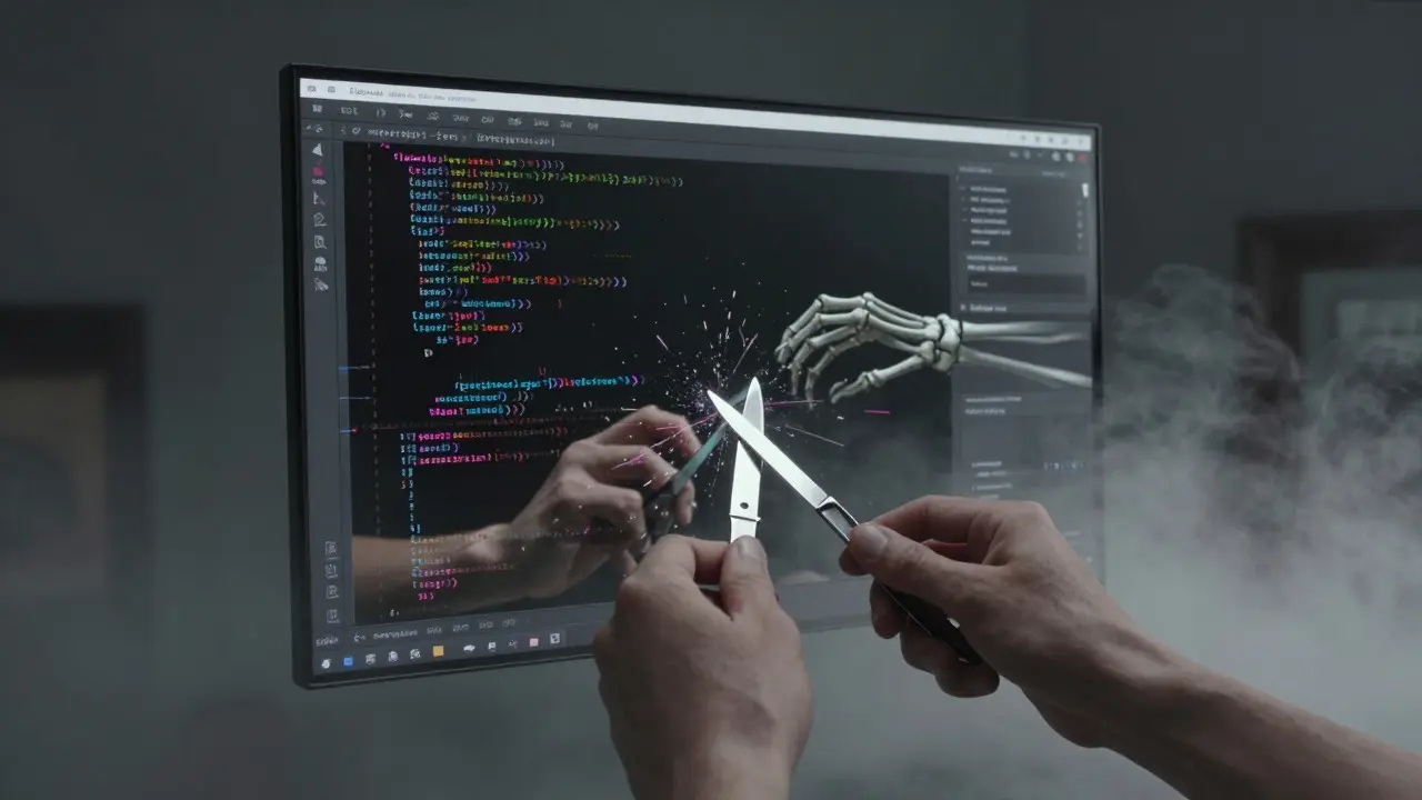 Hands use a surgical tool to fix glitching code reflections in a foggy, dark mirror