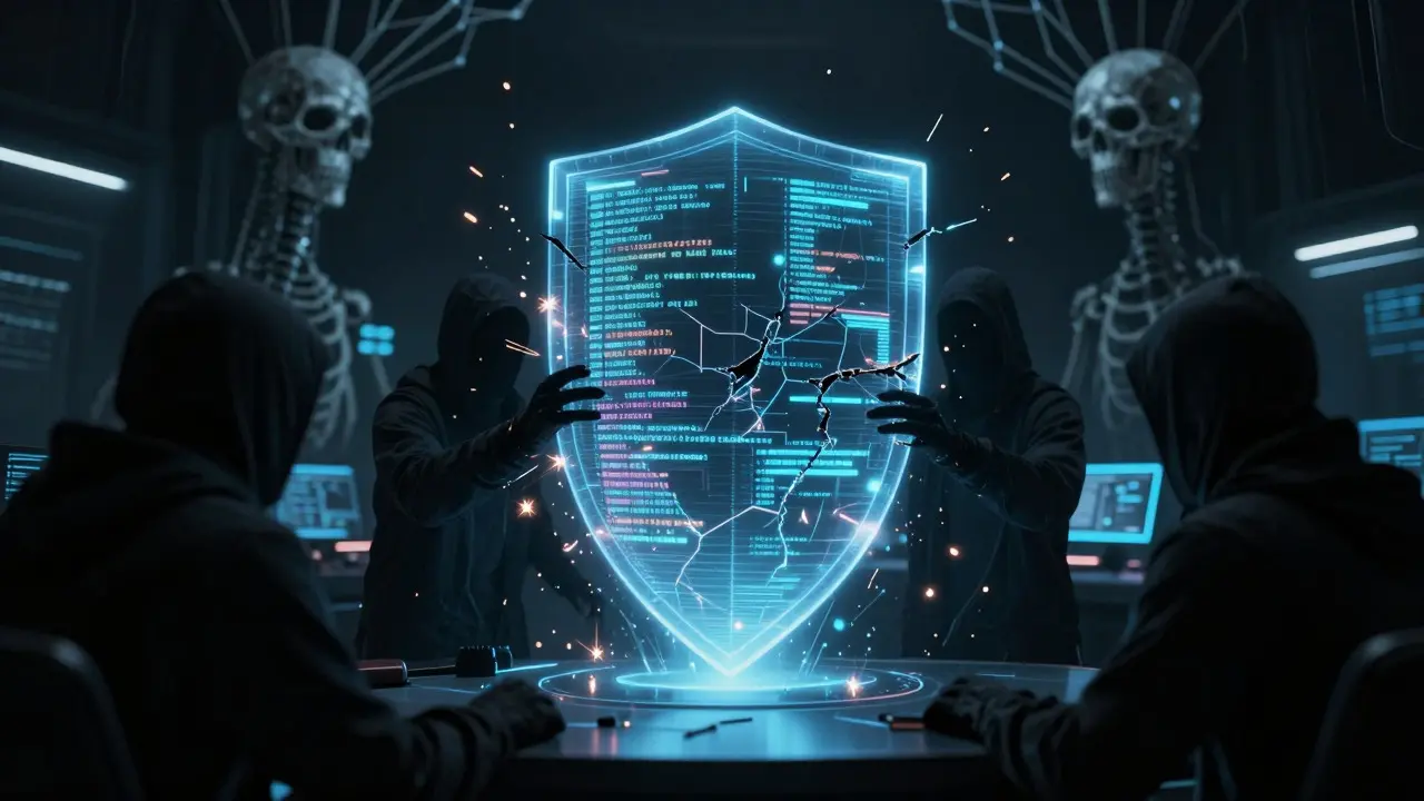 Holographic security shield under attack by shadowy figures in a dark room