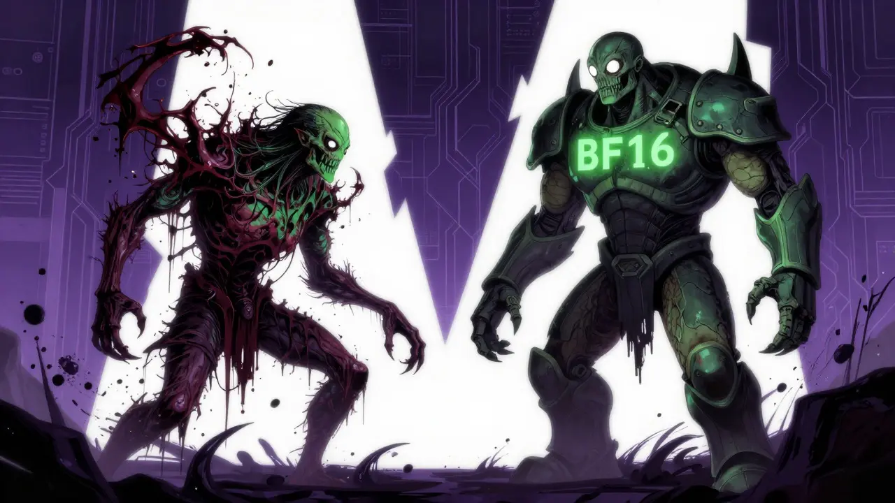 Horror illustration of BF16 monster defeating chaotic FP16 entity in a digital void