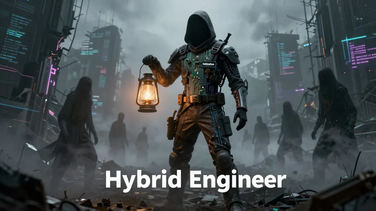 Hybrid engineer guarding against digital decay and AI chaos in dark landscape