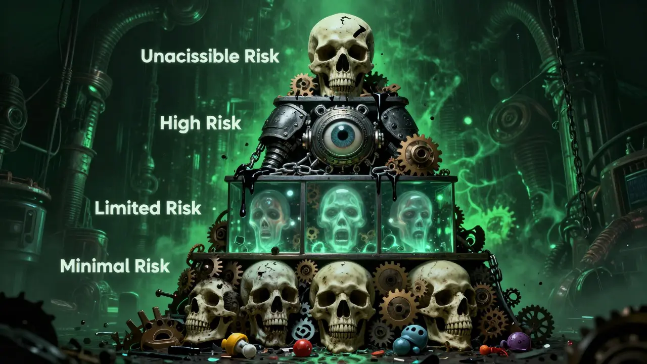 Macabre pyramid of skulls and gears illustrating the four tiers of AI risk under the act.