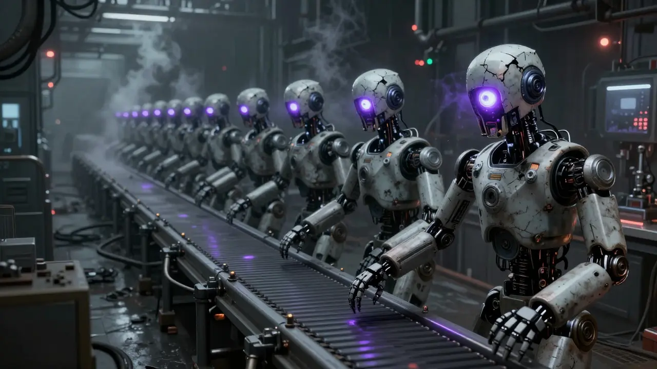 Malfunctioning androids on a conveyor belt with unstable glowing cores in a factory