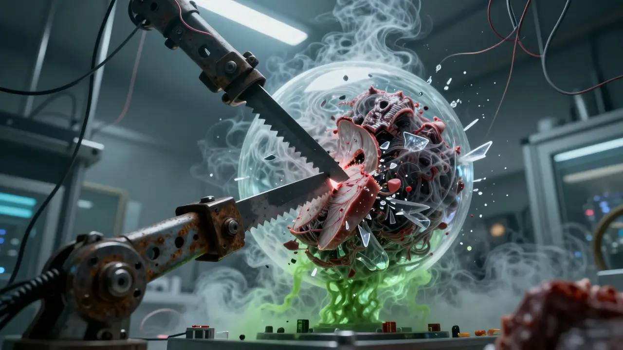 Mechanical blades slicing through a glowing digital sphere in a horror-style lab