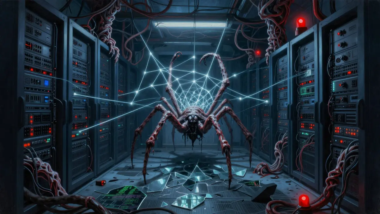 Mutated server racks and a spider-like algorithm in a nightmare industrial setting