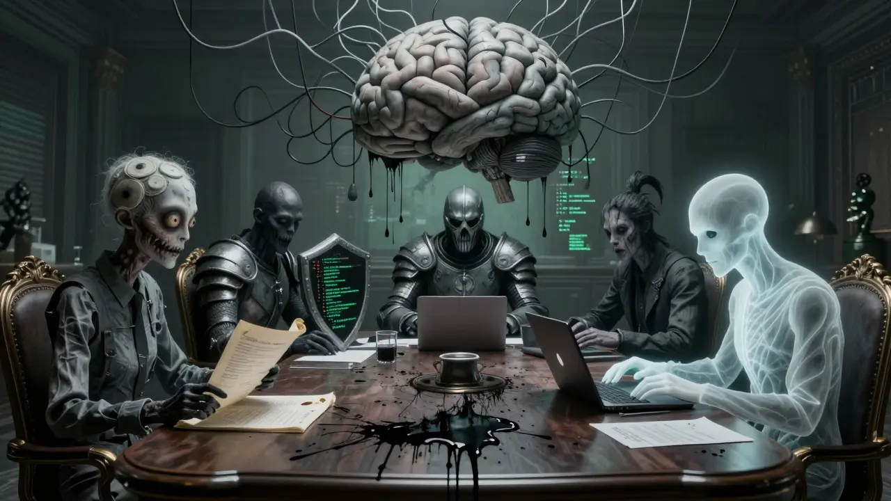 Nightmarish boardroom with monstrous AI role archetypes around a table